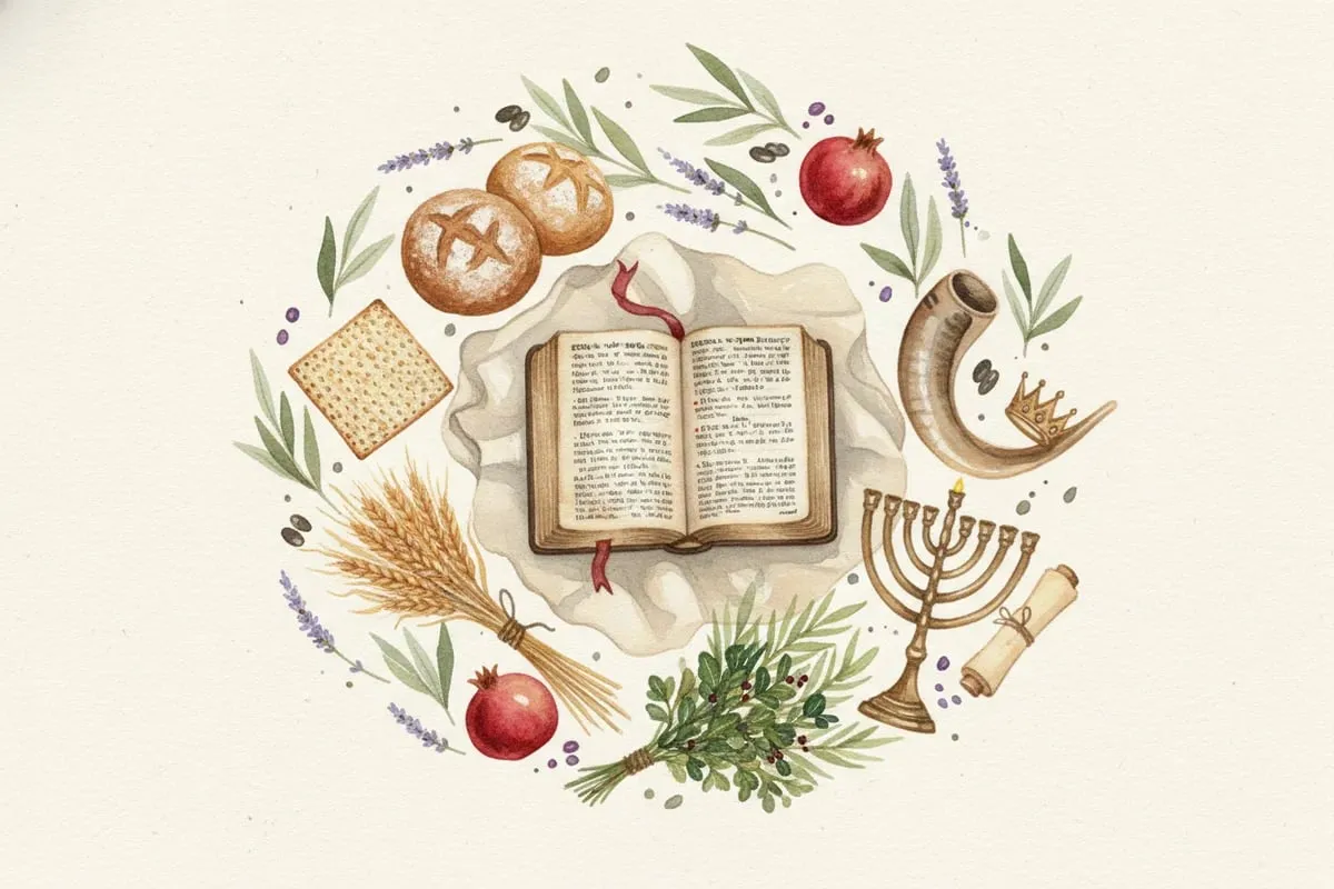 Watercolor painting of an open Bible surrounded by symbolic objects of the biblical feasts — matzah, barley, bread, shofar, sukkah branches, menorah, and crown