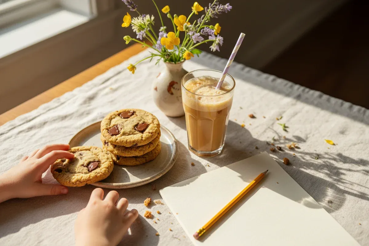 Homeschool child at a kitchen table with warm cookies and a cozy drink beside a pencil and test booklet in soft morning light