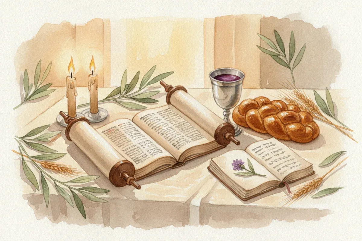 Watercolor painting of an open Torah scroll on a cream linen table with two lit Shabbat candles, a small child's notebook with a pressed wildflower, and a loaf of braided challah bread nearby