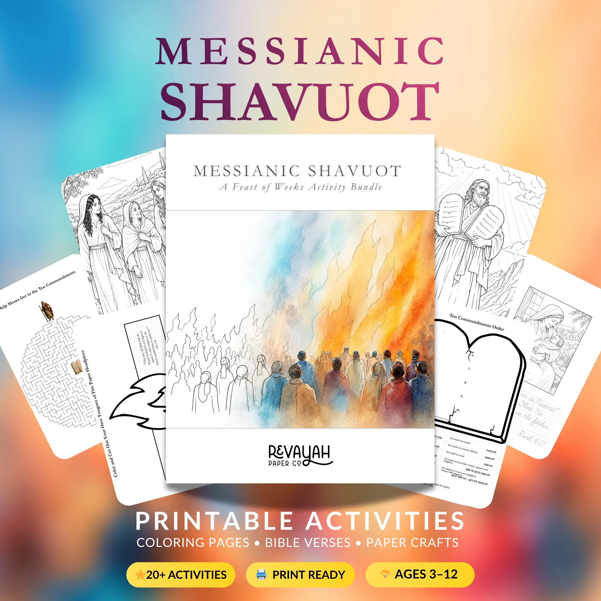 Messianic Shavuot Feast of Weeks activity bundle for kids featuring the giving of the Torah at Sinai, the Story of Ruth, and the giving of the Spirit at Pentecost